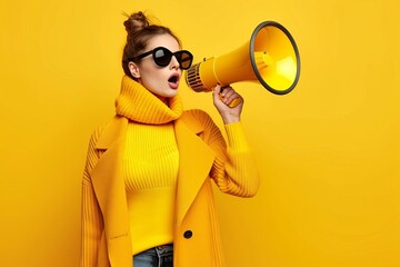 Hurry up concept Stylish woman with loudspeaker. final sales announcement Black friday excitement.