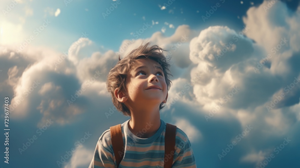 Wall mural boy on the clouds. the child died and went to heaven. the child smiles. man looks at the sky. life after death