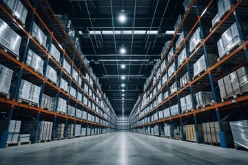 Modern warehouse structure Logistics efficiency. streamlined distribution Organized storage facility - obrazy, fototapety, plakaty