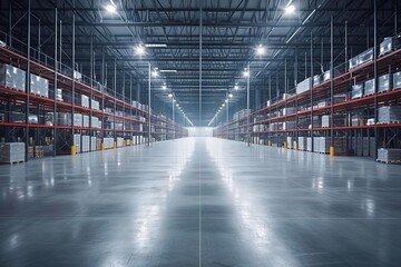 Modern warehouse structure Logistics efficiency. streamlined distribution Organized storage facility. - obrazy, fototapety, plakaty