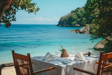 Obraz premium Seaside table setup Picturesque island view. beach dining ambiance Clear sky Serene environment