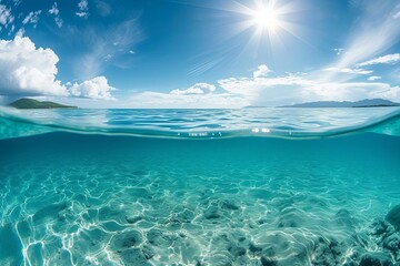 Fototapeta premium Split underwater view Sunny sky Serene sea. dual perspective Aquatic and aerial beauty