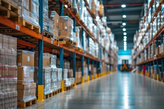 Warehouse shelves Stocked goods in cartons. pallets and forklifts Logistic center Blurred transportation background