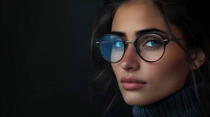 Contemplative young woman with glasses in a moody portrait. intense gaze in a casual style. perfect for modern lifestyle themes. AI