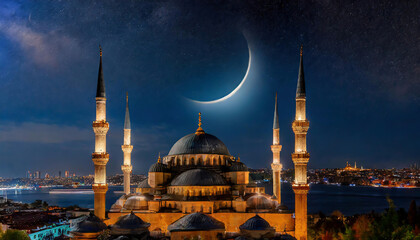 Crescent moon on beautiful night background in front of Blue mosque in Istanbul. the holy month Ramadan Kareem wallpaper with Istanbul cityscape