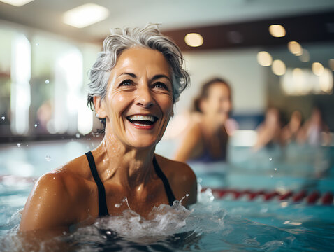Retired woman having fun in a swimming class with other seniors. Water game in indoor pool. Image conveys improvement, active and happy person.