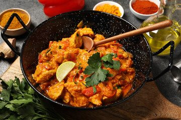 Delicious chicken curry and ingredients on grey table