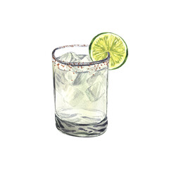 Summer cocktail, spicy lime margarita in a short glass and salt. Watercolor hand-drawn illustration isolated on white background. Perfect for recipe lists with drinks, brochures for cafe