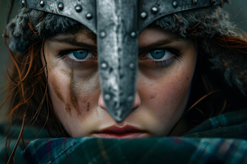 An intense close-up of a female Viking warrior, challenging gender norms and embodying the strength and ferocity of Norse shieldmaidens