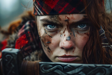 An intense close-up of a female Viking warrior, challenging gender norms and embodying the strength and ferocity of Norse shieldmaidens