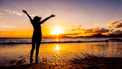 Fototapeta premium Saluting the sun. Backlight of a woman on the beach facing the sea, with her arms open, contemplating the sunset. AI Generated.