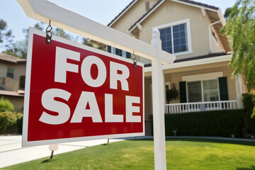 A For Sale sign in front of an American suburban house on a sunny day