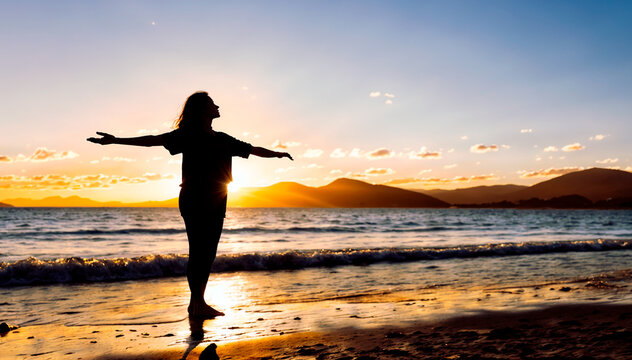 Saluting the sun. Backlight of a woman on the beach facing the sea, with her arms open, contemplating the sunset. AI Generated.