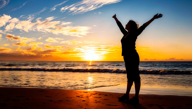 Saluting the sun. Backlight of a woman on the beach facing the sea, with her arms open, contemplating the sunset. AI Generated.