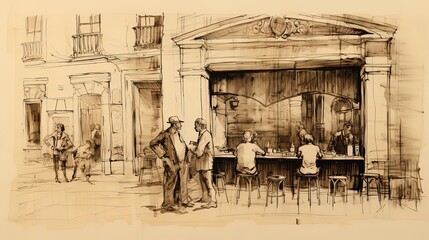 old drawing in Chinese ink of a cafe on the street with a counter and benches and people walking on the sidewalk.