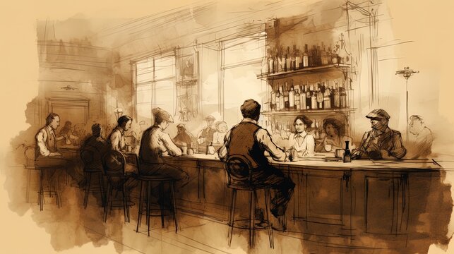 drawing in black ink of a typical bar from the 1920s, with people drinking at the counter.