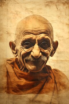 Black ink drawing of Mahatma Gandhi at an elderly age