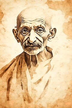 Black ink drawing of Mahatma Gandhi at an elderly age