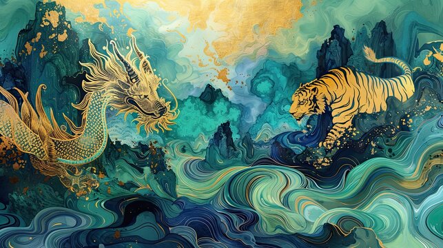 dragon and tiger, Year of the Dragon, Lunar New Year, Spring Festival, chinese traditional painting, 3d wallpaper, mountain and river landscape background, gold, blue, green, generative AI