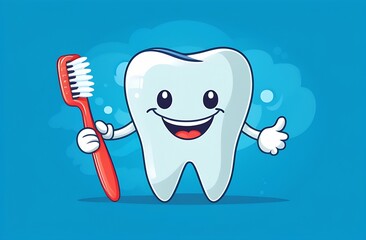 Funny cartoon tooth with a red toothbrush in his hands on blue background