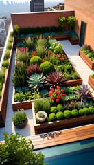 Fototapeta premium Rooftop Garden. Urban. Greenery. Skyline. Nature. Landscape. Cityscape. Terrace. Outdoor. Urban Farming. Plants. Relaxation. Scenic. Sustainability. Botanical. AI Generated.