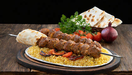 Turkish kebab with bulgur pilaf, roasted tomatoes, roasted onions, pita bread and vegetables on wooden table with black background. Copy Space image for your logo, text, product.
