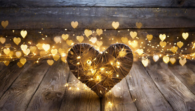 Shining Christmas golden lights around a wooden heart, glowing heart shapes with bokeh particles on wooden background. Valentine's day, mother day card, copyspace image for your text and product