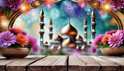 Ramadan Kareem Greeting card with Islamic lantern, flowers on the table with a mosque and bokeh lights on a blurred background..  Copy space for your text and products.