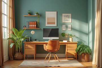 Teal Color Wall of Minimalist Scandinavian Interior Home Office Room, Home Workstation Table Chair, Desk and Frame Plants Vase sunlight from window