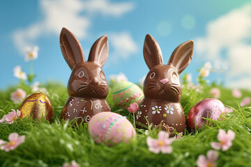 Fototapeta na wymiar chocolate bunnies in the grass