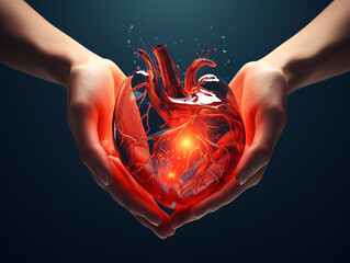 a human heart with veins and light in hands