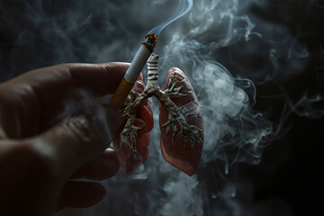 a hand holding a cigarette and lungs