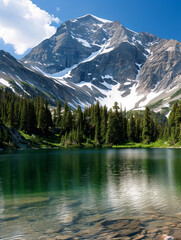 Alpine Lake with Mountain Backdrop and Lush Greenery