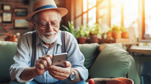 A cheerful elderly man in a straw hat and suspenders enjoys using his smartphone in a cozy, plant-filled room with warm sunlight.
