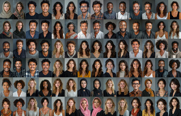 Many Headshots of a smiling men and women of all ages on a gray background looking at the camera - Powered by Adobe