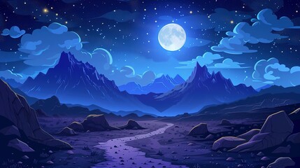 Obraz na płótnie Canvas Night mountain landscape with path leading to rocky hills under starry sky with clouds and full moon. Cartoon vector illustration of dark blue dusk scenery with road and rocks under moonlight