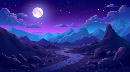 Night mountain landscape with path leading to rocky hills under starry sky with clouds and full moon. Cartoon vector illustration of dark blue dusk scenery with road and rocks under moonlight