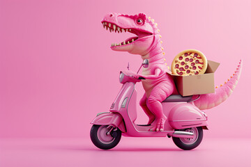 Fototapeta na wymiar a pink dinosaur riding a pink scooter with a pizza box
