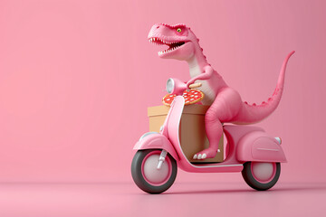 Fototapeta na wymiar a toy dinosaur riding a pink scooter