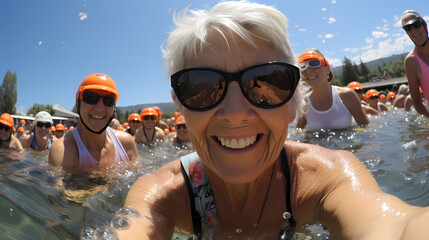 Selfie of older woman with sunglasses at a water competition. Having fun and celebrating with other women. The image conveys improvement, an active and happy person.