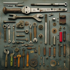 Flat lay opf vintage mechanics tools