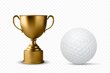 Vector 3d Realistic Blank Golden Champion Cup Icon with Golf Ball Set Closeup Isolated. Design Template of Championship Trophy. Sports Awards, Victory Celebrations, Golf Championship Concept