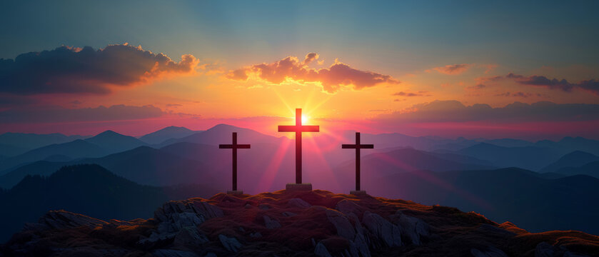 Christian Easter concept. Resurrection of Jesus Christ. Silhouette of three crosses on mountain summit.