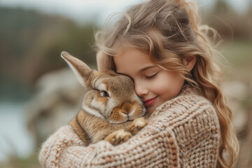 Girl with Easter bunny, adorable hug between a little girl and her fluffy pet, image for animal...