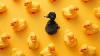 Black baby duck among a group of yellow rubber ducks. Diversity, individuality and uniqueness concept. Diversity is colour, culture, wealth, exchange, growth, necessity.