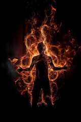 Silhouette of a man in the fire on a black background