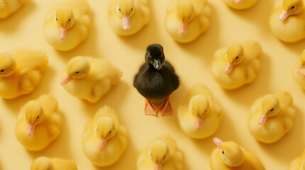 Black baby duck among a group of yellow baby ducks. Diversity, individuality and uniqueness concept. Diversity is colour, culture, wealth, exchange, growth, necessity.