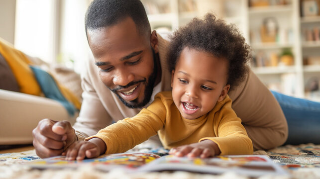Father shares a book with child, radiating family joy, a scene of fatherly love, with father, child, and family delight, a perfect father's day concept.