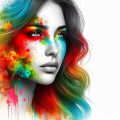 portrait of a woman Double exposure of a woman's face with holi day with different colors on the face. Vector Illustration with white Background design created with generative ai