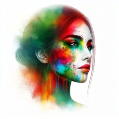 portrait of a woman Double exposure of a woman's face with holi day with different colors on the face. Vector Illustration with white Background design created with generative ai
